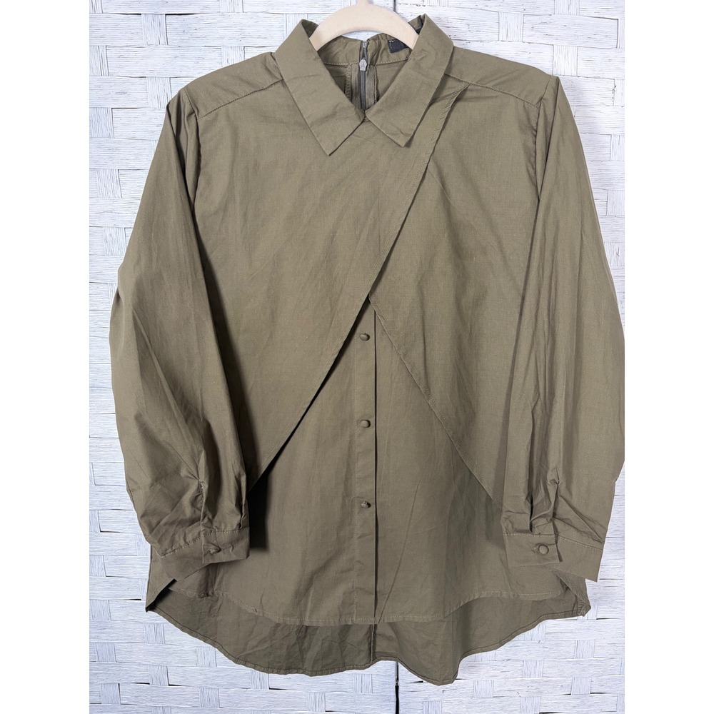 YFS Women's Blouse Olive Green Crossover Front High-Low Button up